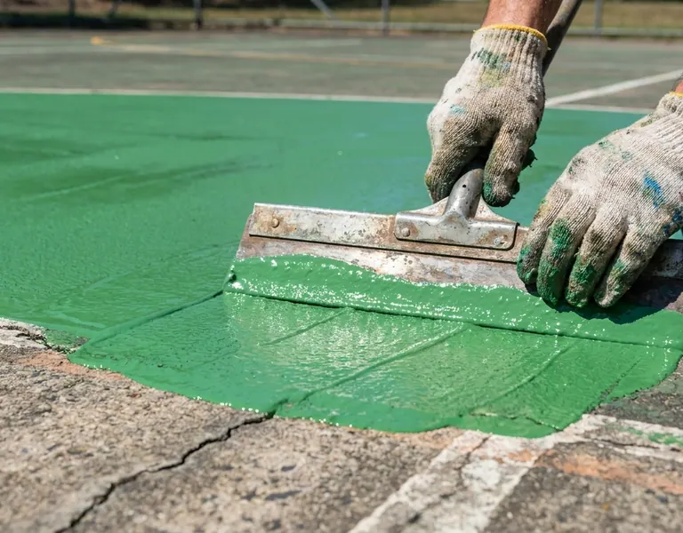 Gloved hands spreading fresh green acrylic coating over a cracked old court surface with a squeegee