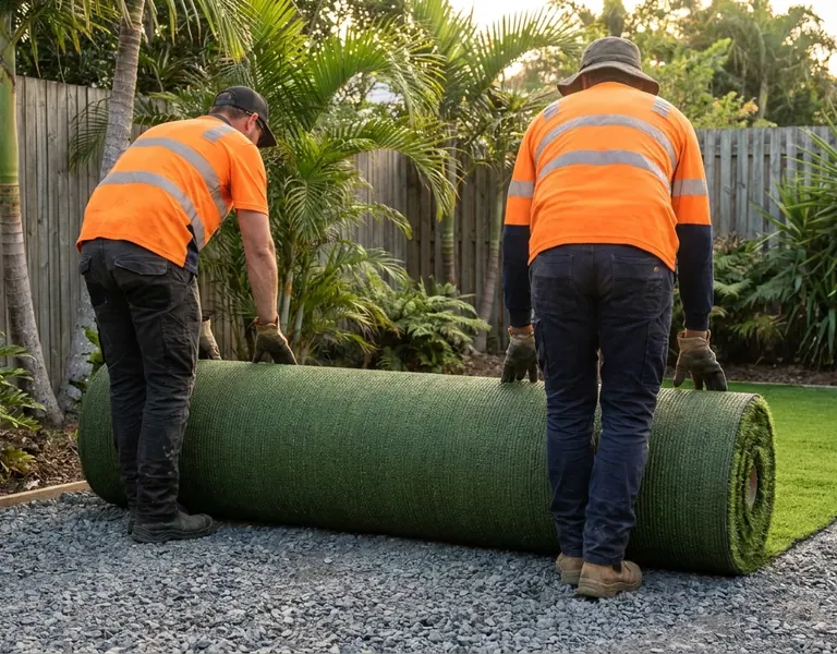 Two workers in hi-vis shirts unrolling artificial turf over a prepared gravel base