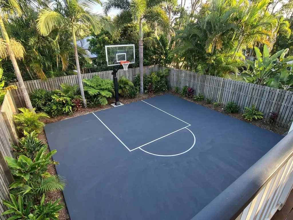 Backyard basketball half-court in dark blue with white lines and a hoop, surrounded by tropical plants