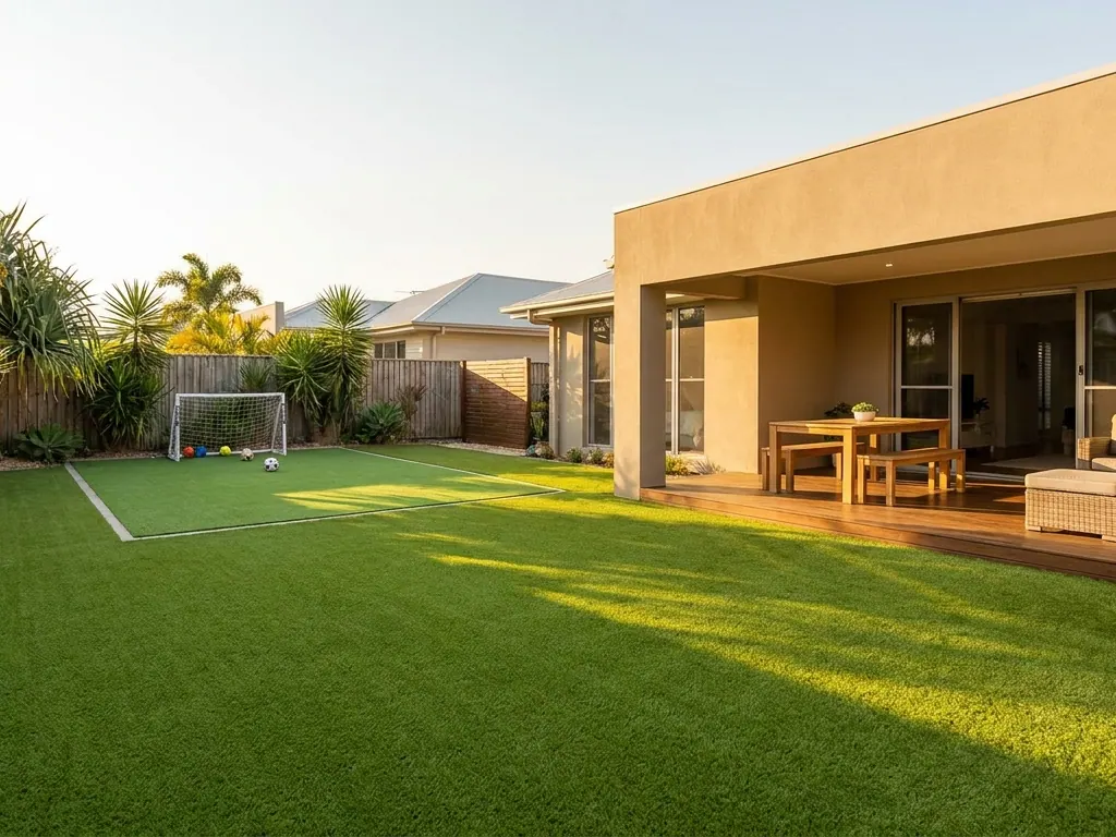 Backyard laid with artificial turf, a small goal at the far fence and a covered patio beside it