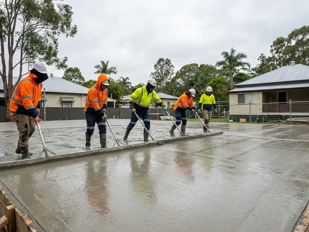 Concreters in hi-vis screeding a freshly poured concrete slab inside timber formwork