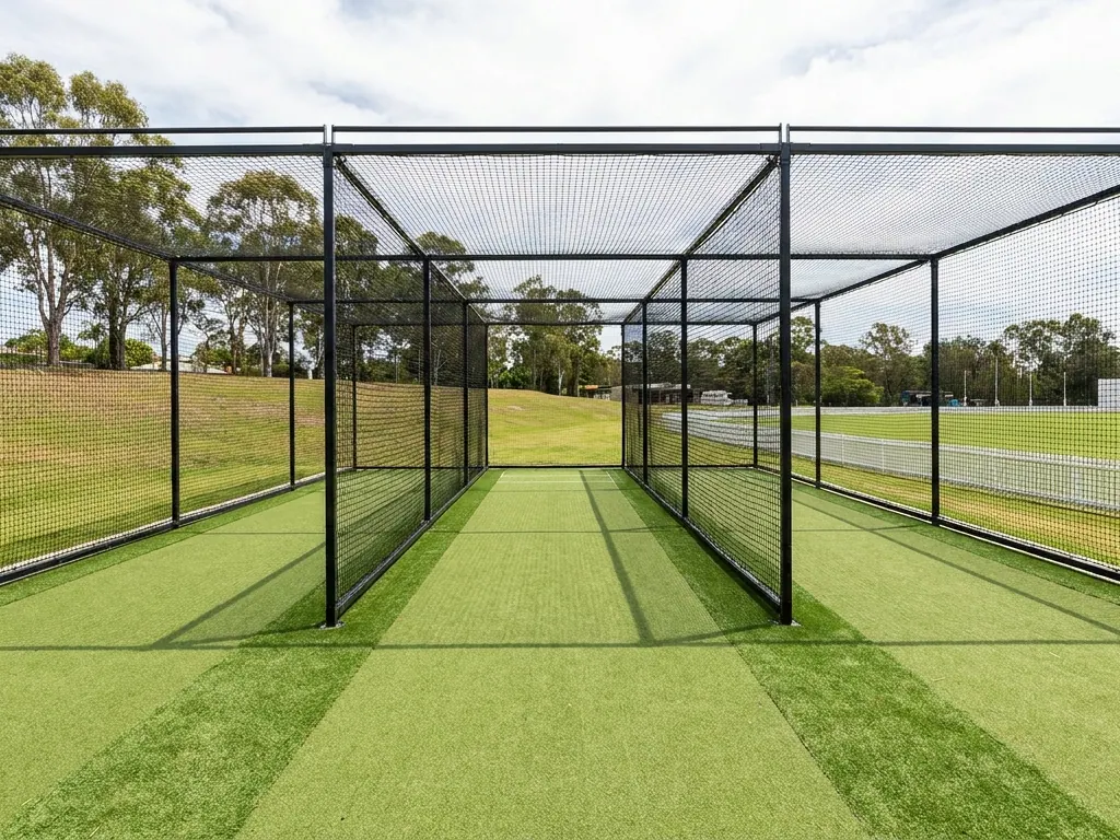 Cricket training nets with black steel frames over green synthetic pitches beside an oval