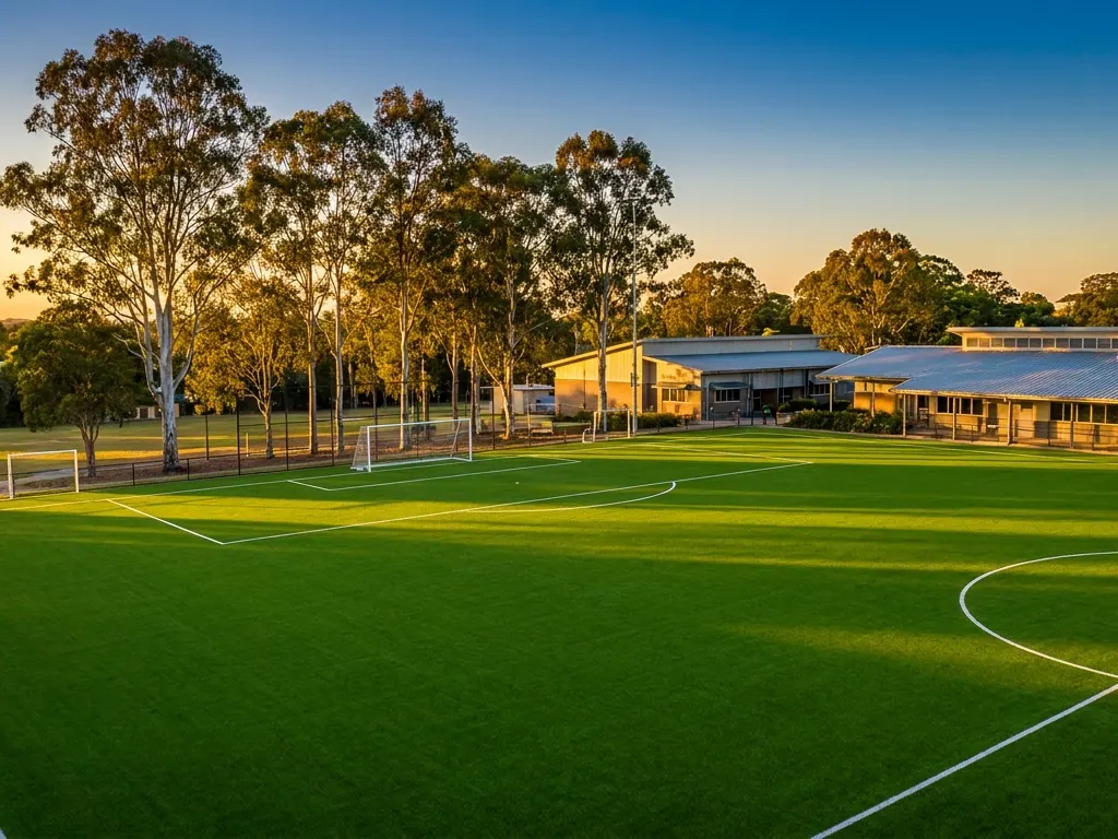 Synthetic turf sports field with white line markings beside school buildings at sunset