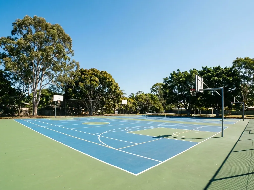 Fenced outdoor multi-sport court in blue and green with basketball hoops and line markings