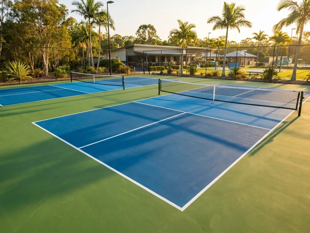 Outdoor pickleball courts with blue playing areas, green surrounds and nets, palm trees behind