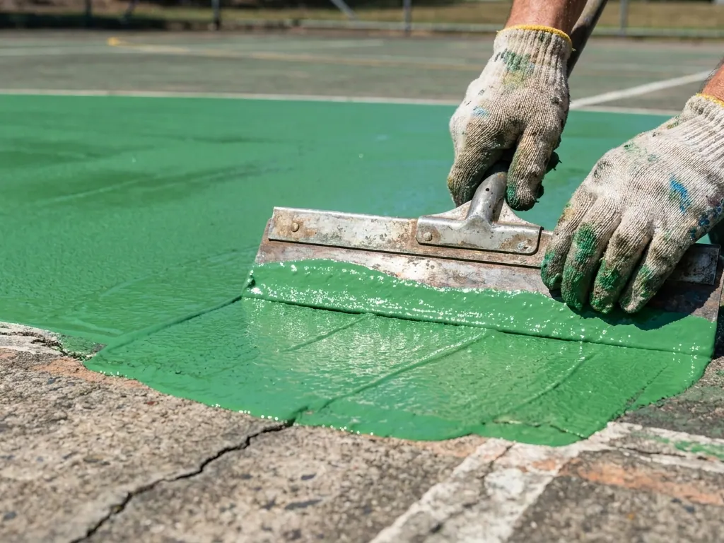Gloved hands spreading fresh green acrylic coating over a cracked old court surface with a squeegee