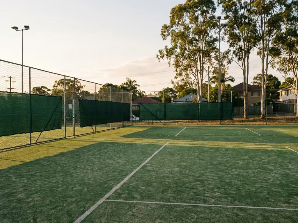 Synthetic grass tennis court with white lines, green windbreak fencing and tall gum trees