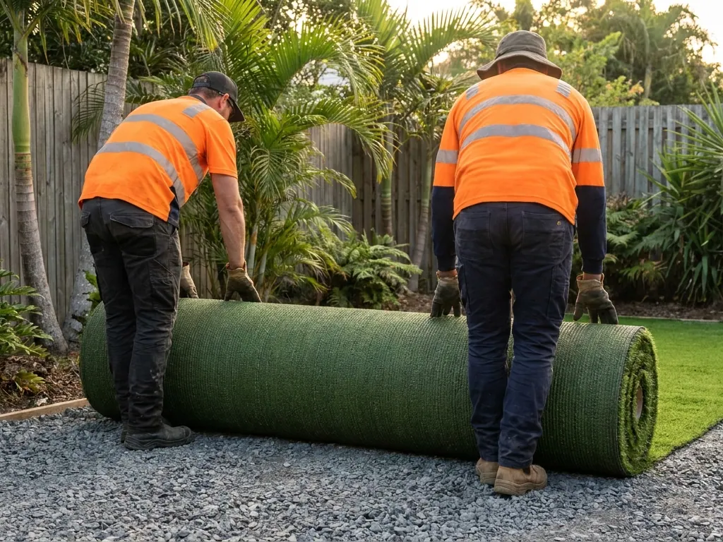 Two workers in hi-vis shirts unrolling artificial turf over a prepared gravel base